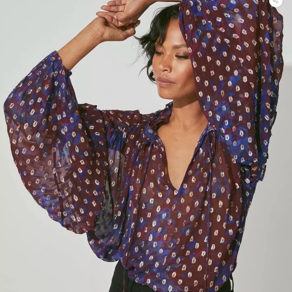 Evereve Purple Floral Sheer Tie-Neck Blouse - Picture 2 of 12